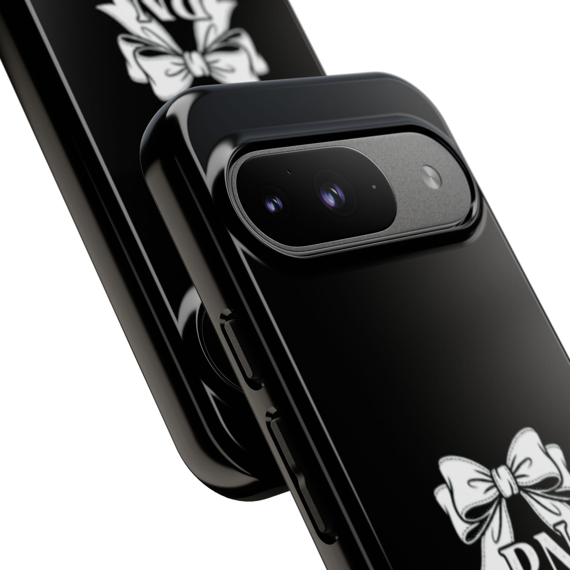 Front view of RN Phone Case with bold white bow print