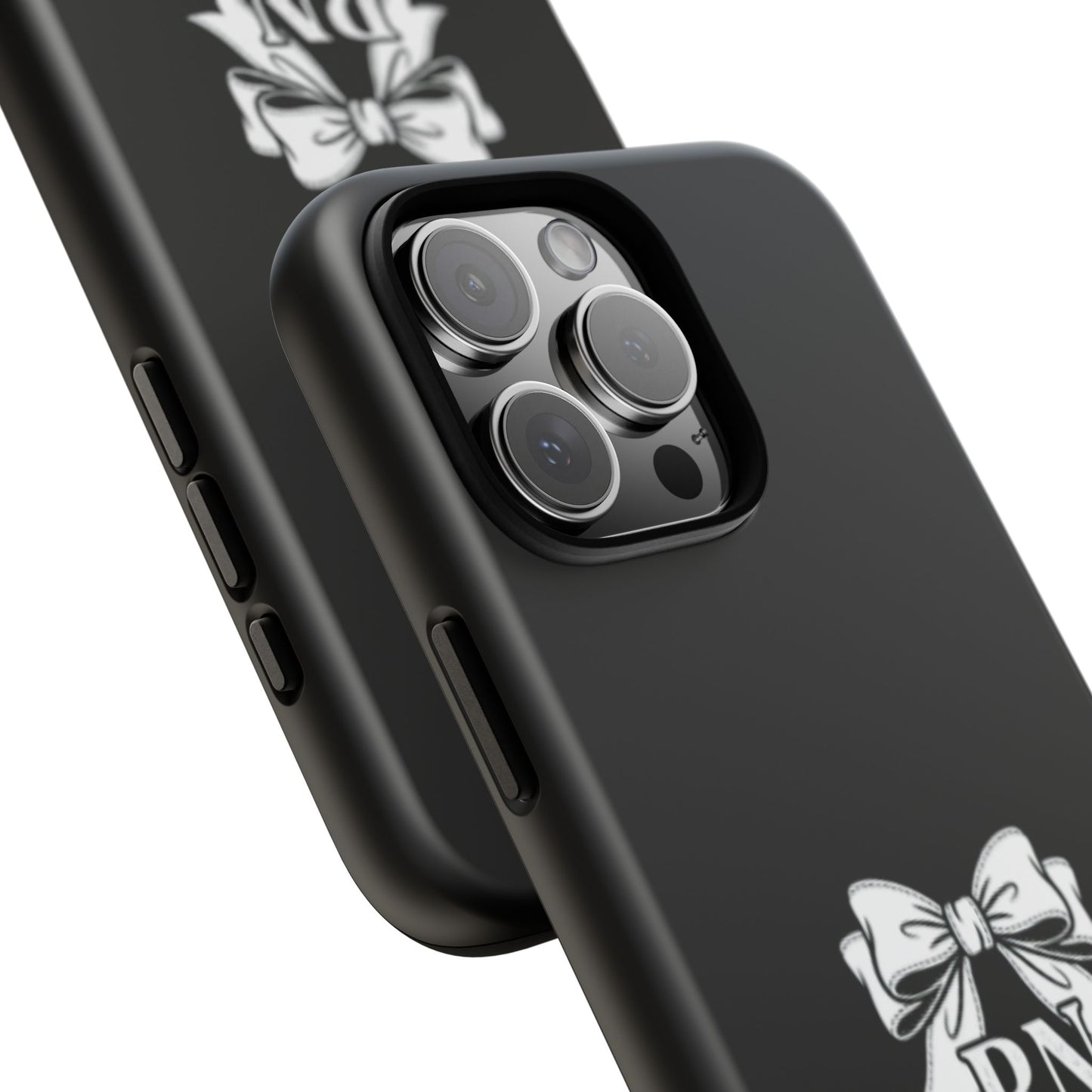 Front view of RN Phone Case with bold white bow print