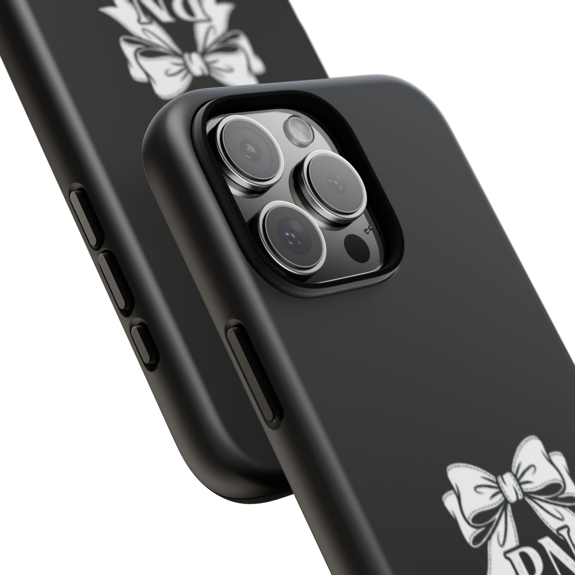 Front view of RN Phone Case with bold white bow print