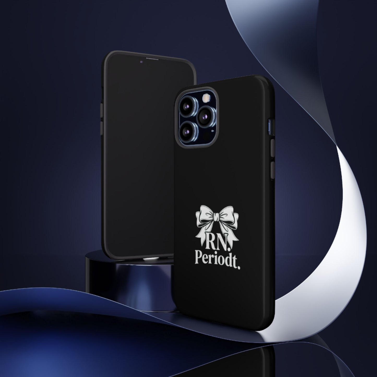 Front view of RN Phone Case with bold white bow print