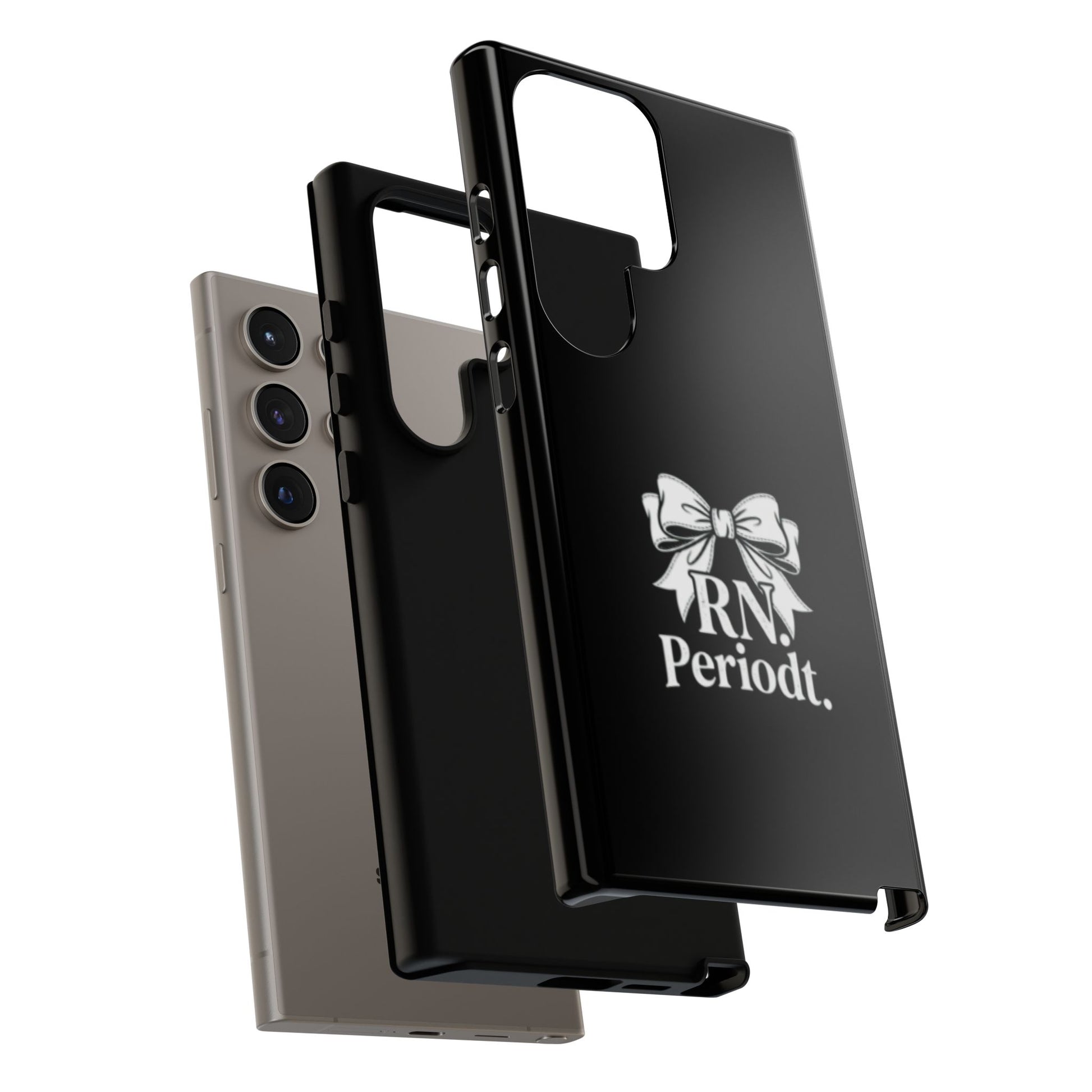 Front view of RN Phone Case with bold white bow print