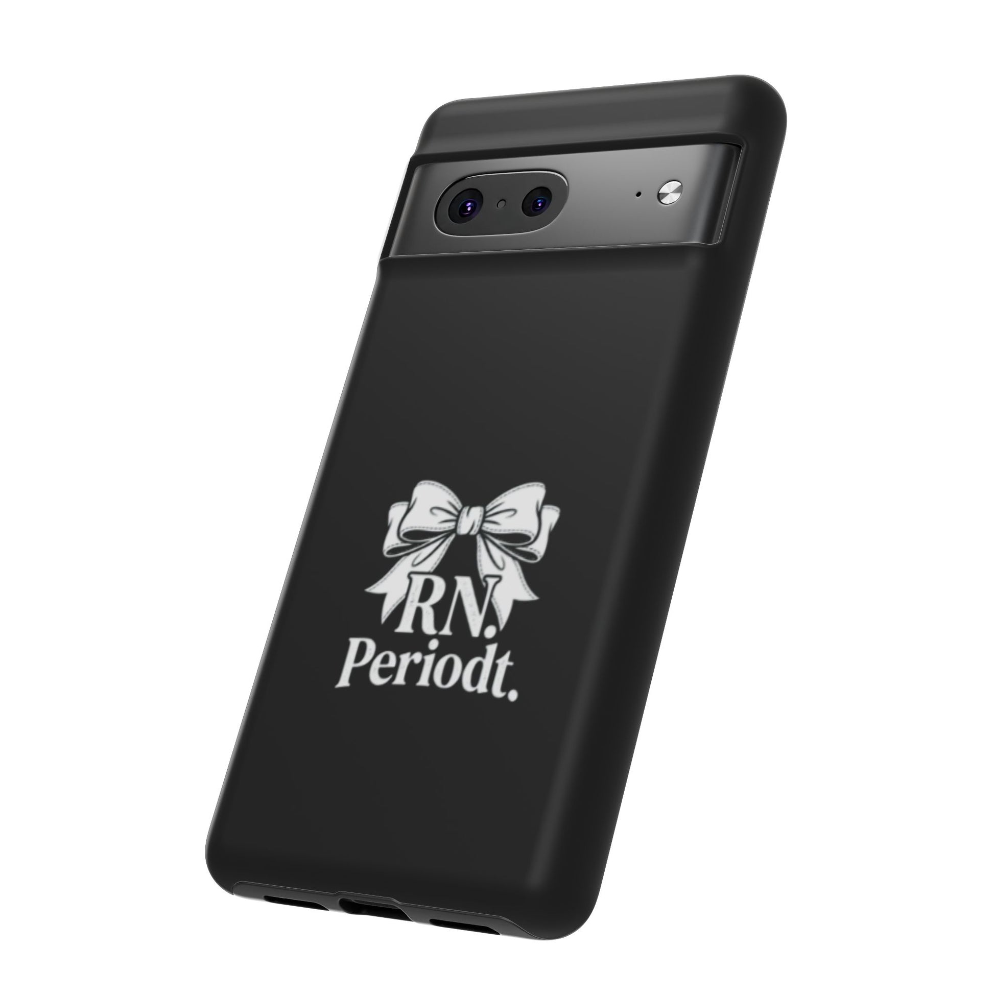 Front view of RN Phone Case with bold white bow print