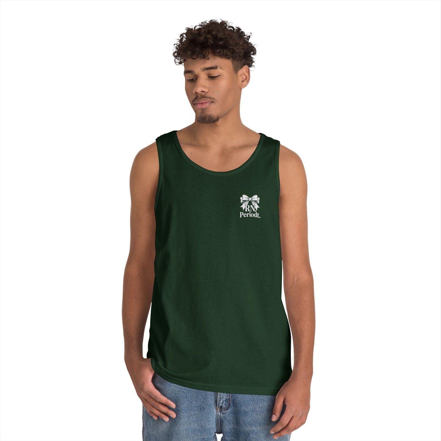 Bow Logo Tank Top worn layered under open shirt style