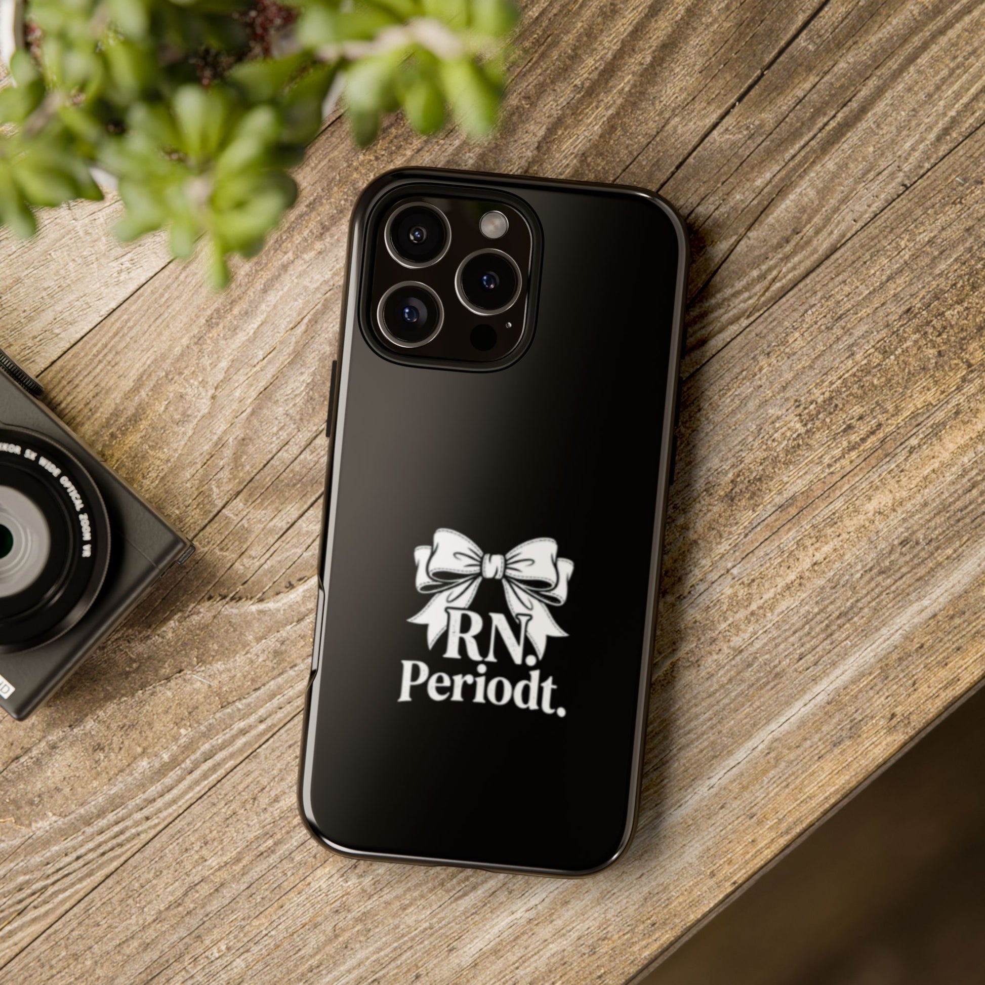 Front view of RN Phone Case with bold white bow print