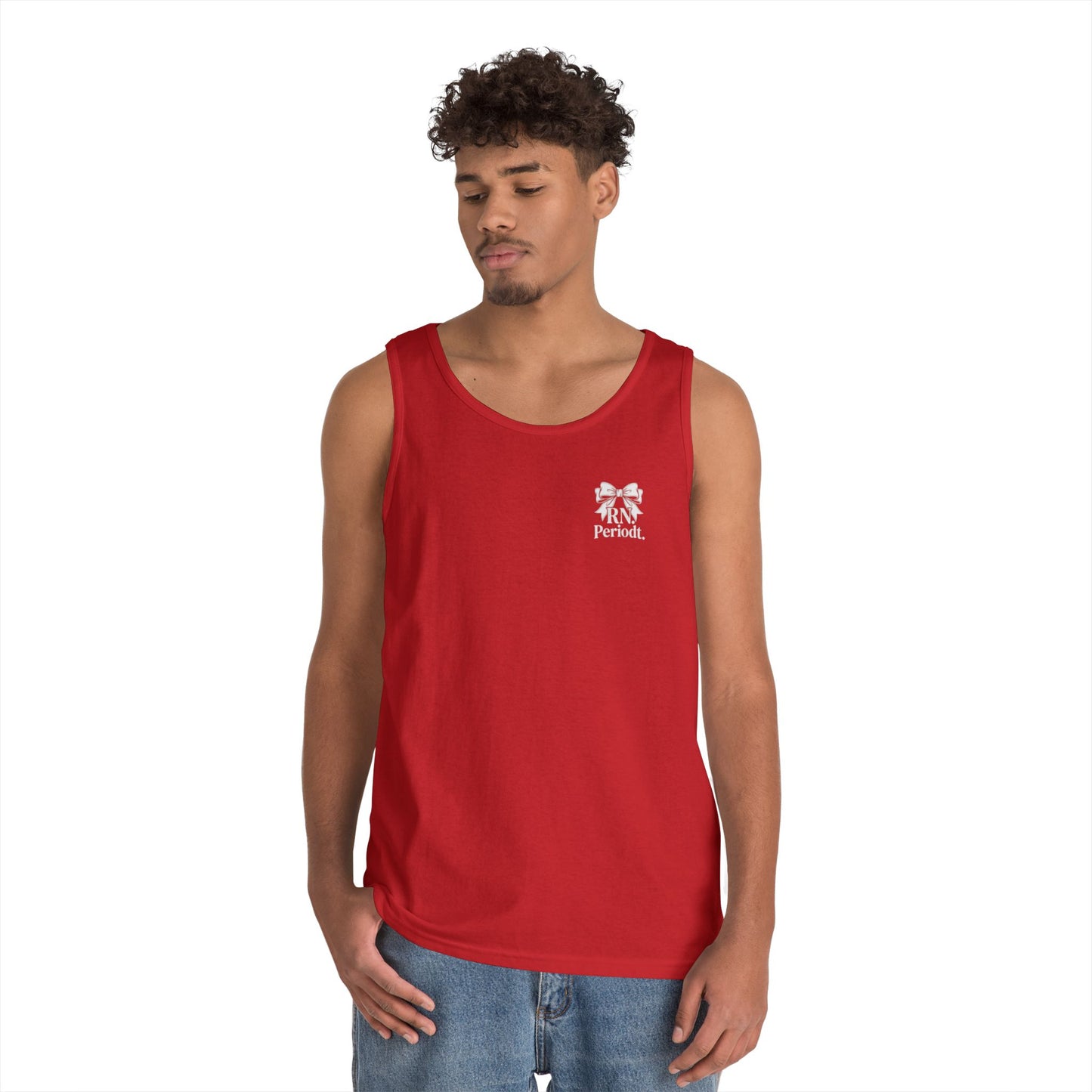 Bow Logo Tank Top worn layered under open shirt style