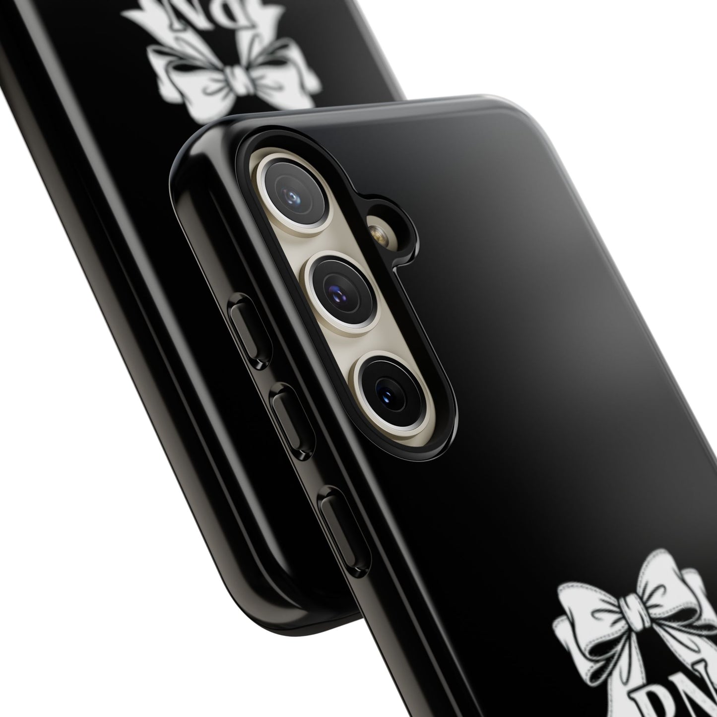 Front view of RN Phone Case with bold white bow print