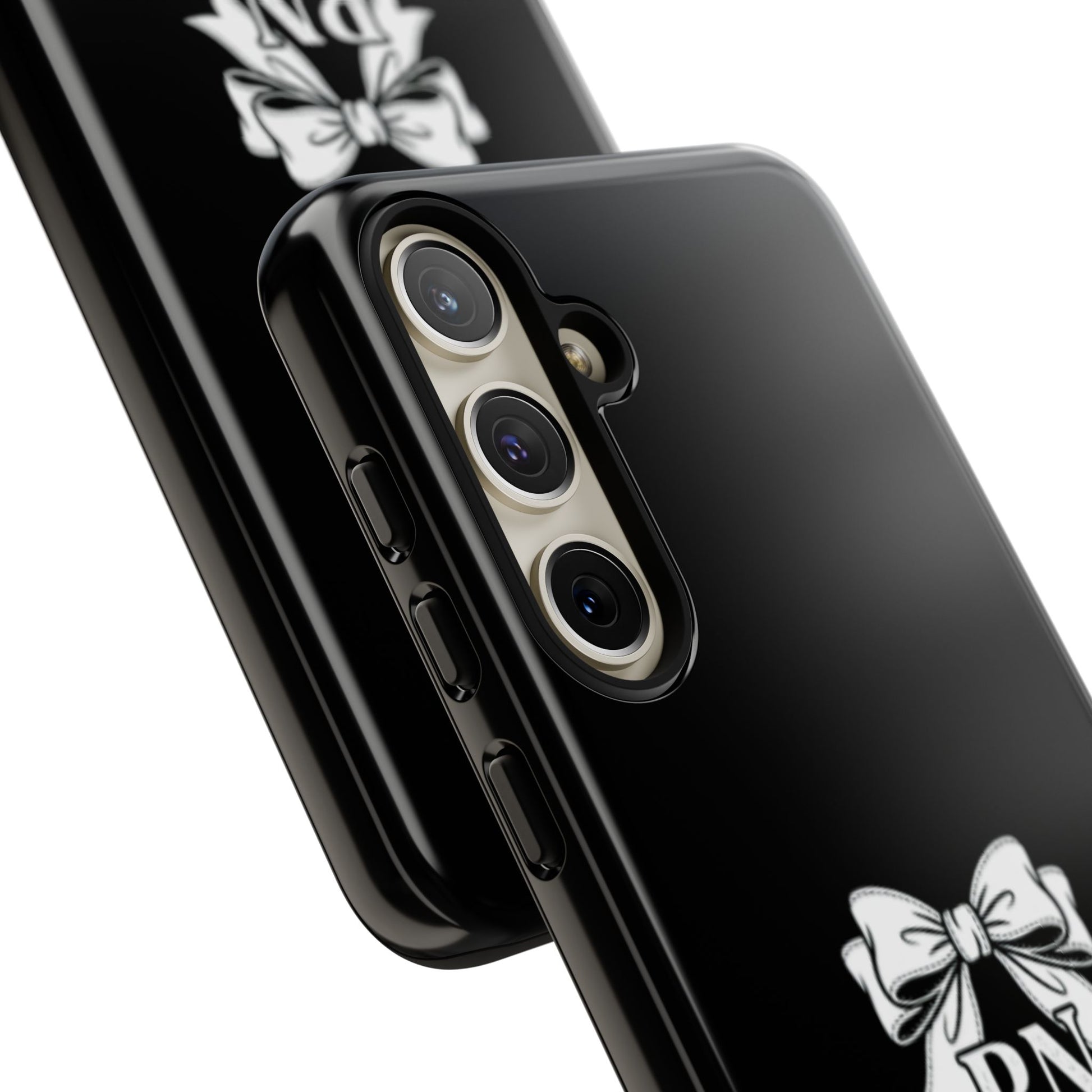 Front view of RN Phone Case with bold white bow print