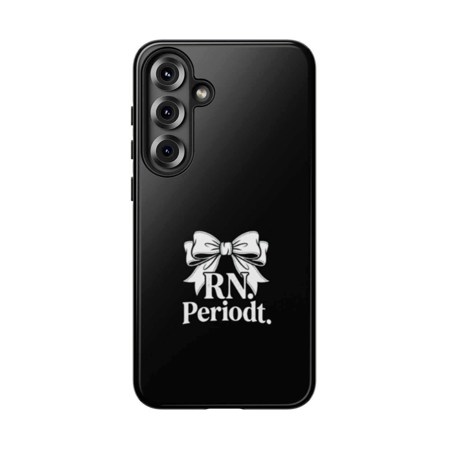 Front view of RN Phone Case with bold white bow print