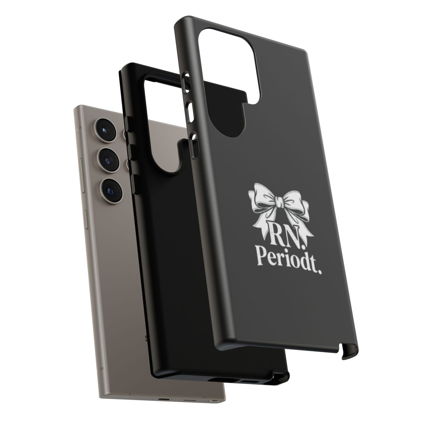Front view of RN Phone Case with bold white bow print