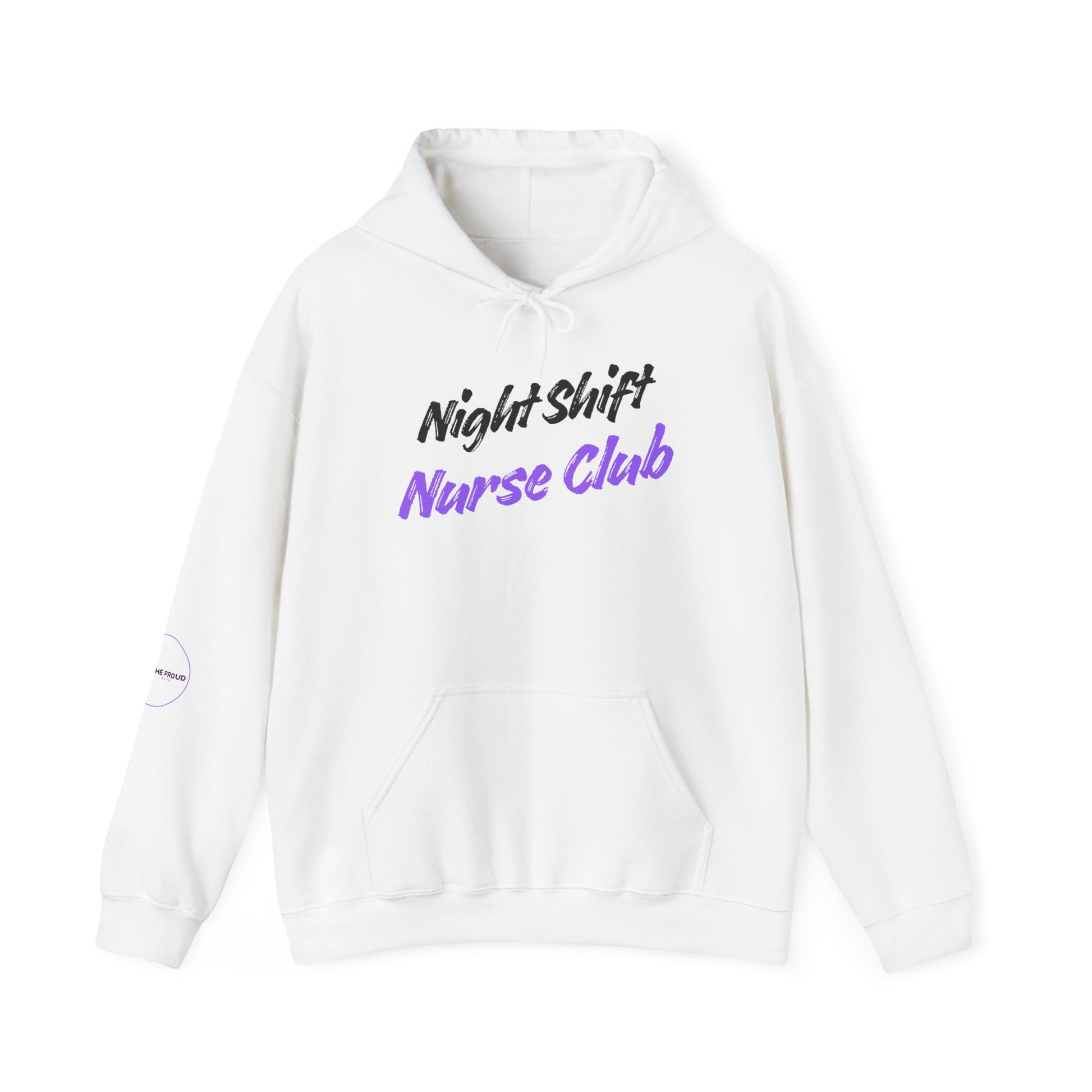 Night Shift Nurse Club Hoodie in white with bold text, perfect for nurses on night shifts.