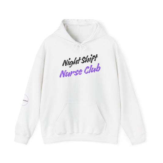 Night Shift Nurse Club Hoodie in white with bold text, perfect for nurses on night shifts.