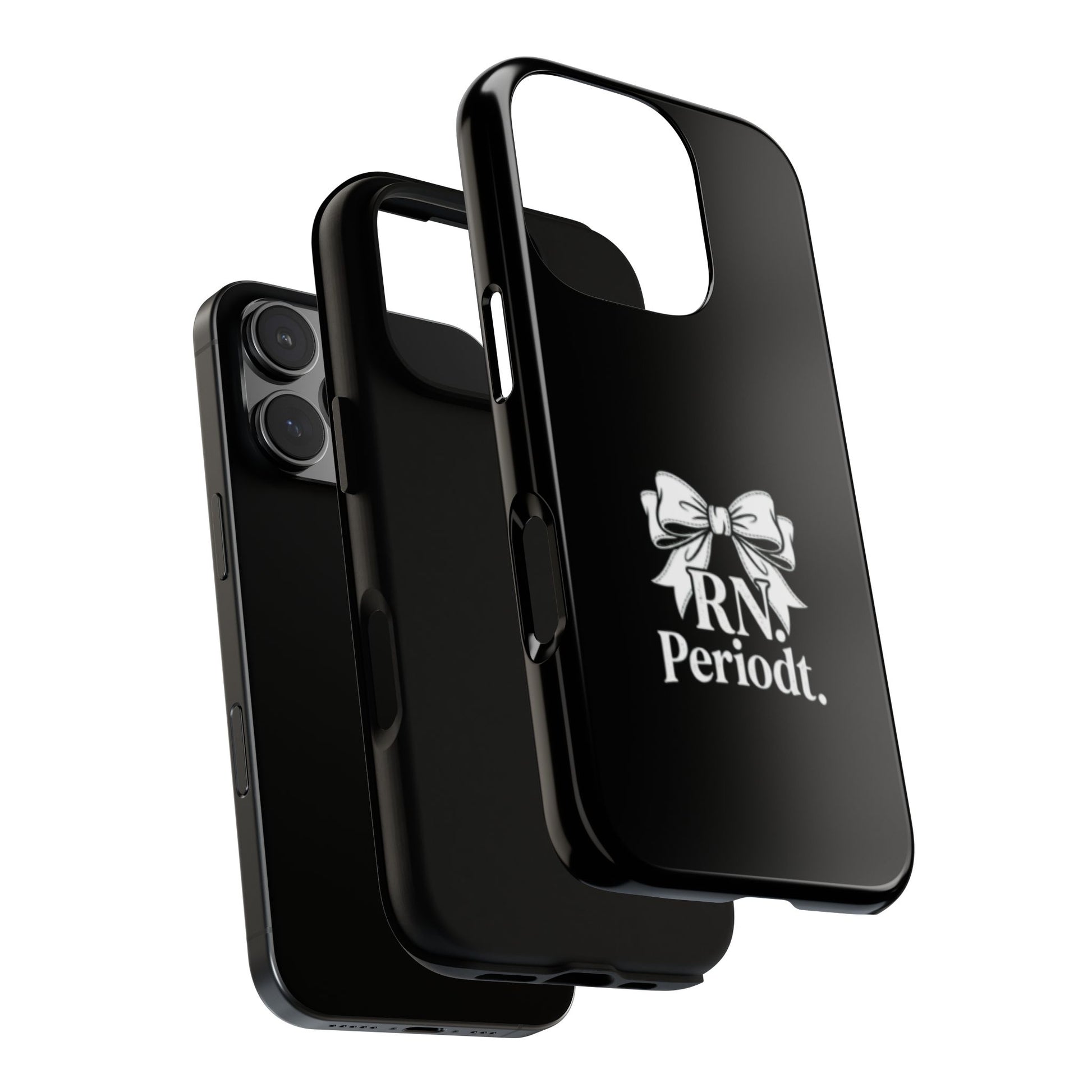 Front view of RN Phone Case with bold white bow print