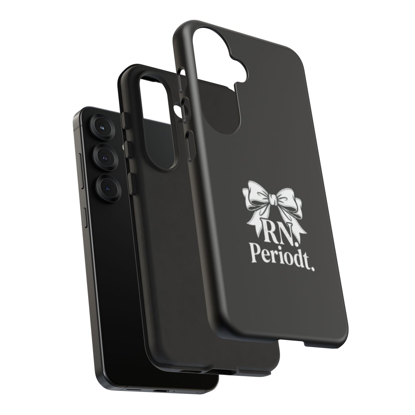 Front view of RN Phone Case with bold white bow print