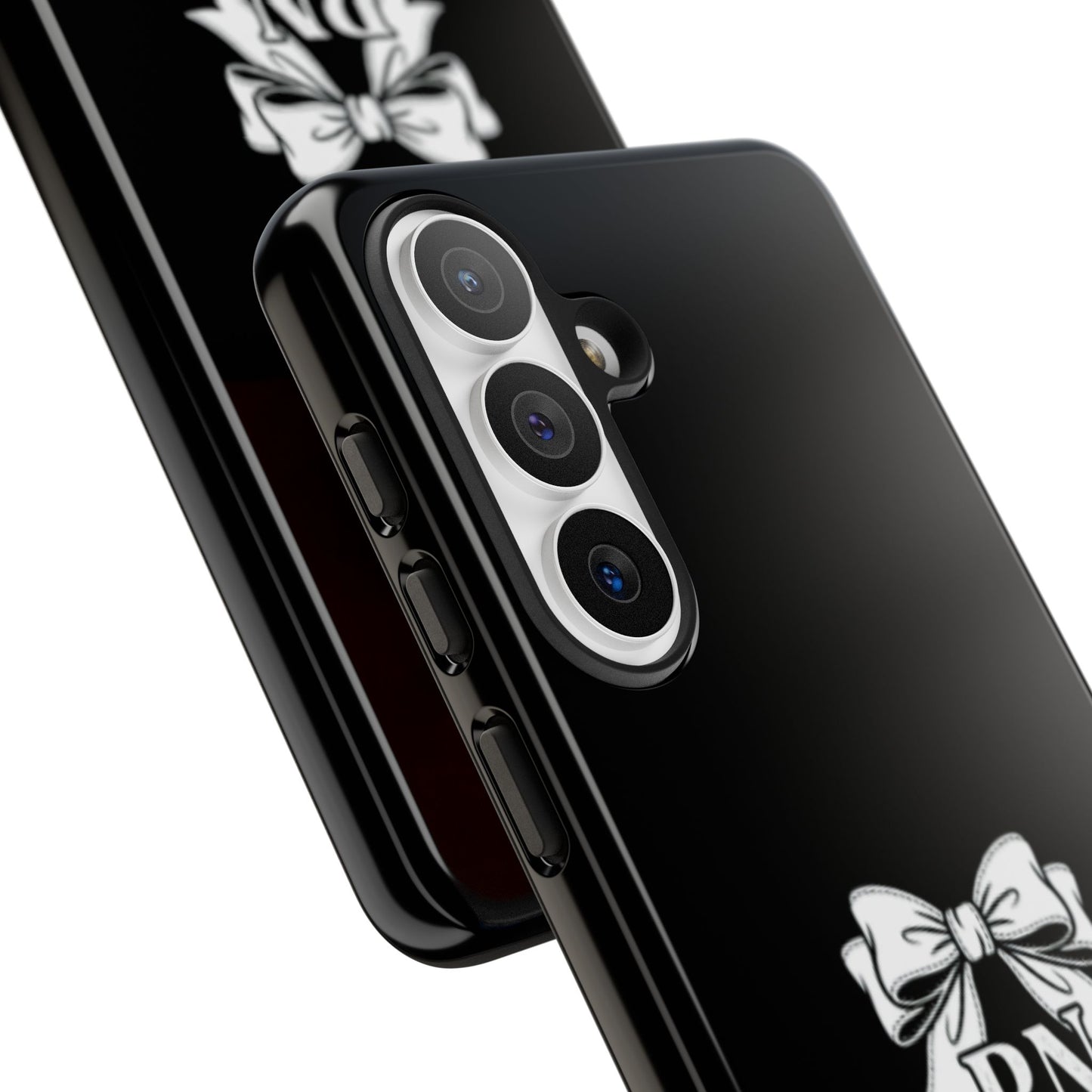 Front view of RN Phone Case with bold white bow print