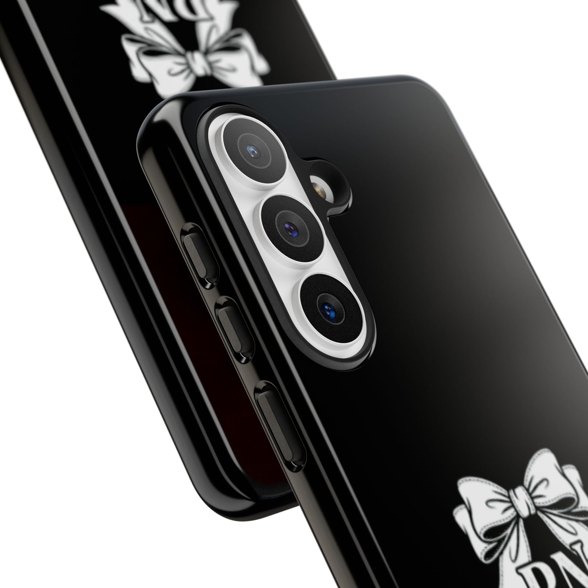 Front view of RN Phone Case with bold white bow print