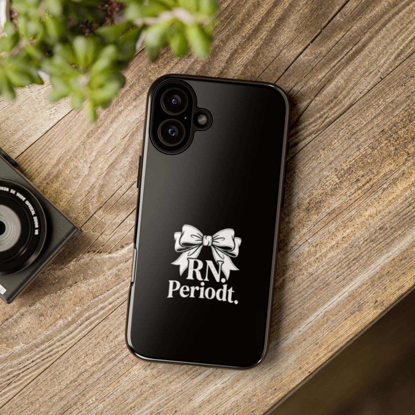 Front view of RN Phone Case with bold white bow print