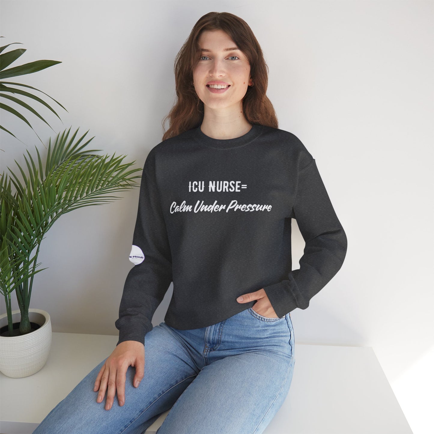 Side view of ICU Nurse Sweatshirt with ribbed collar