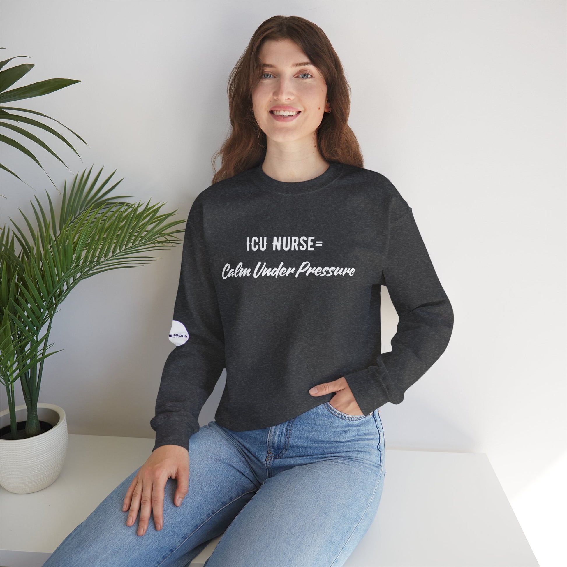 Side view of ICU Nurse Sweatshirt with ribbed collar