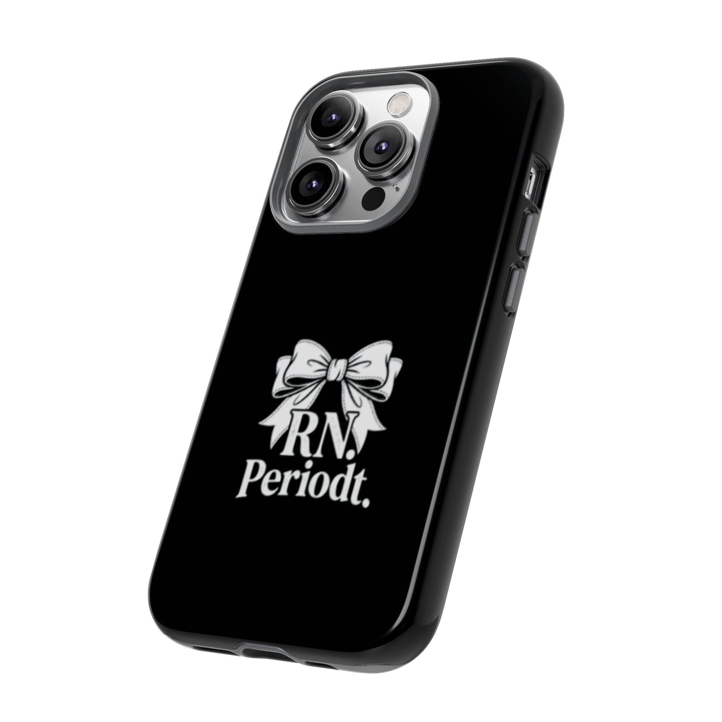 Front view of RN Phone Case with bold white bow print
