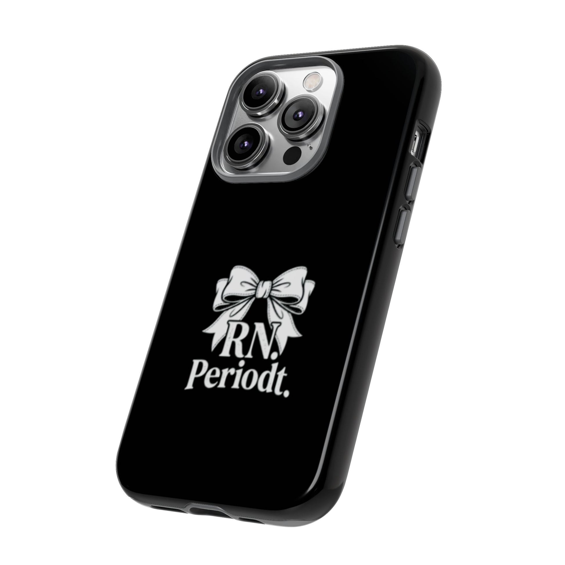 Front view of RN Phone Case with bold white bow print