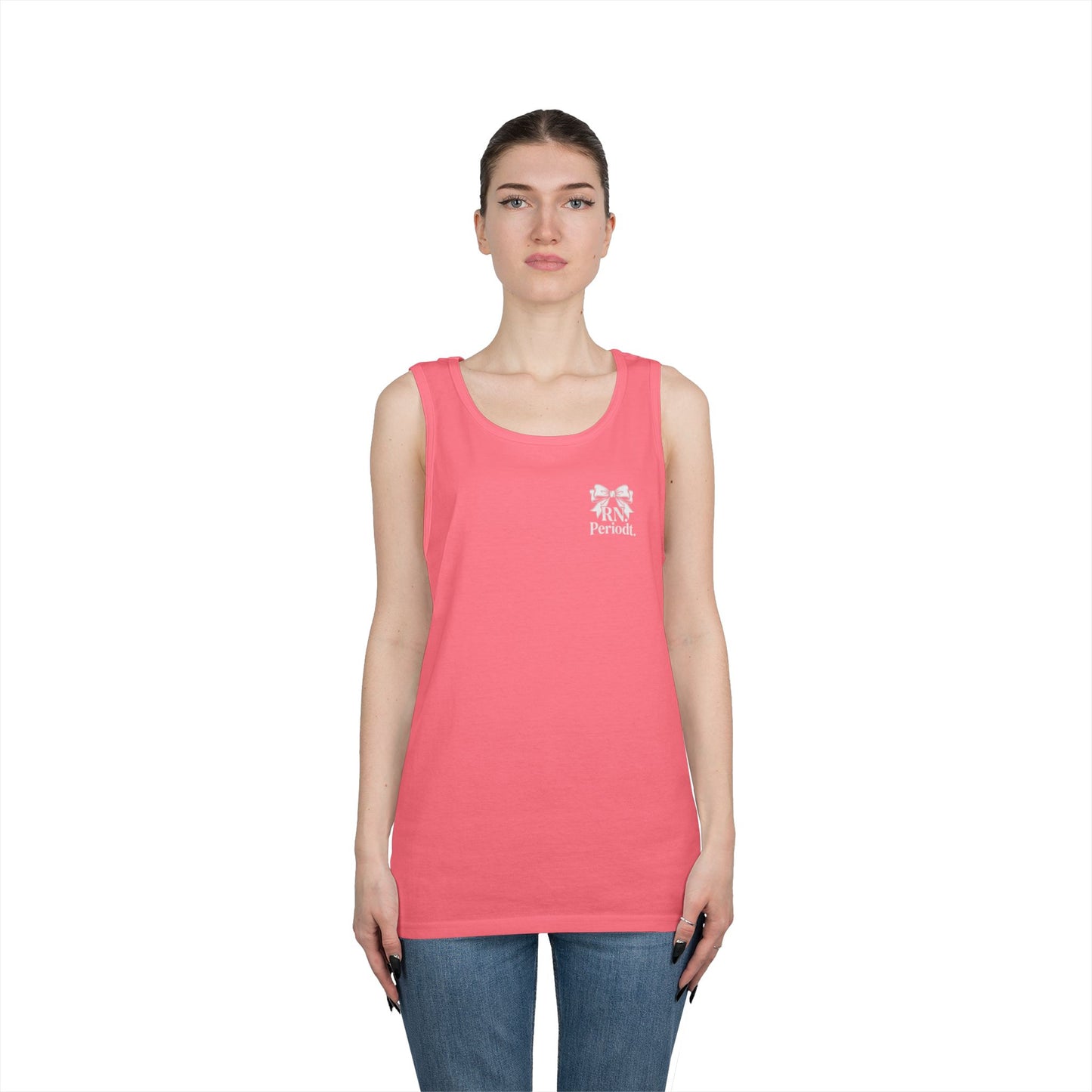 Bow Logo Tank Top worn layered under open shirt style