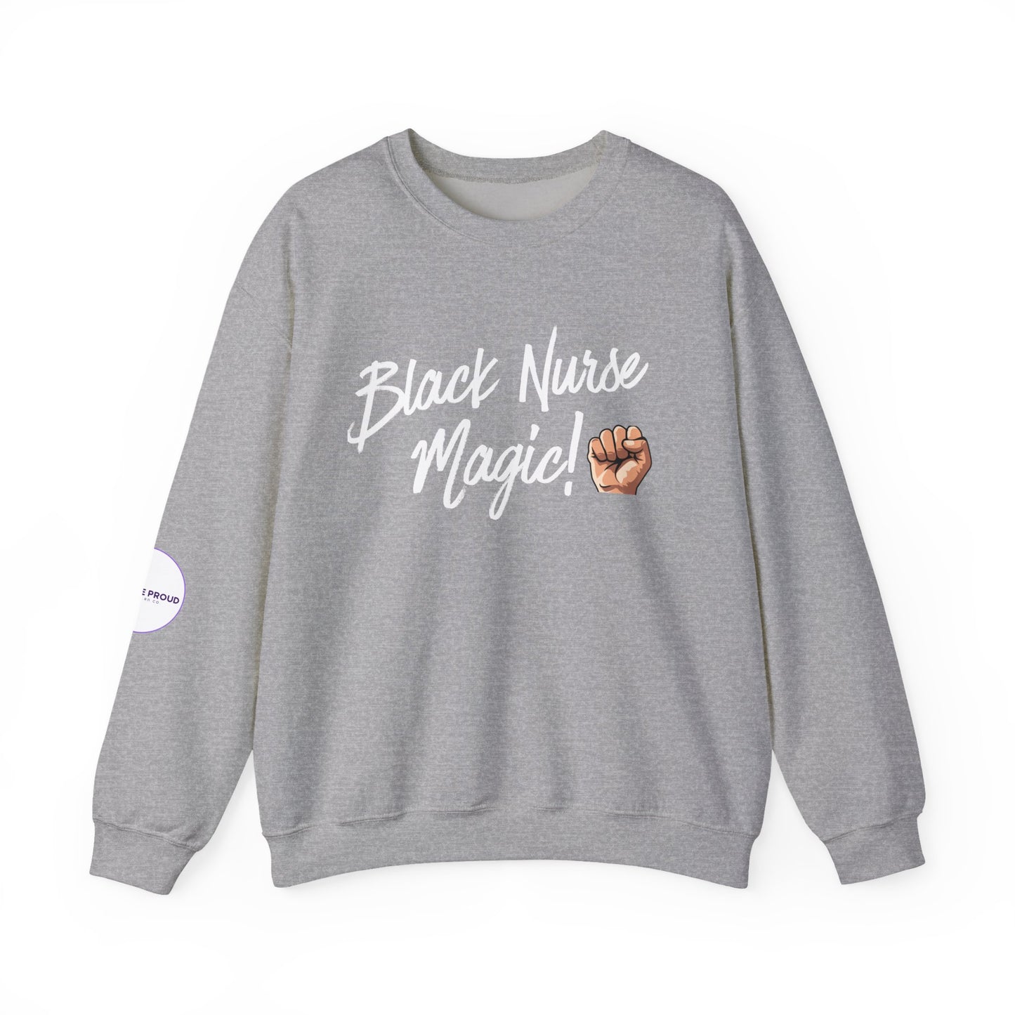 Close-up of embroidered "Black Nurse Magic" on Black Nurse Sweatshirt