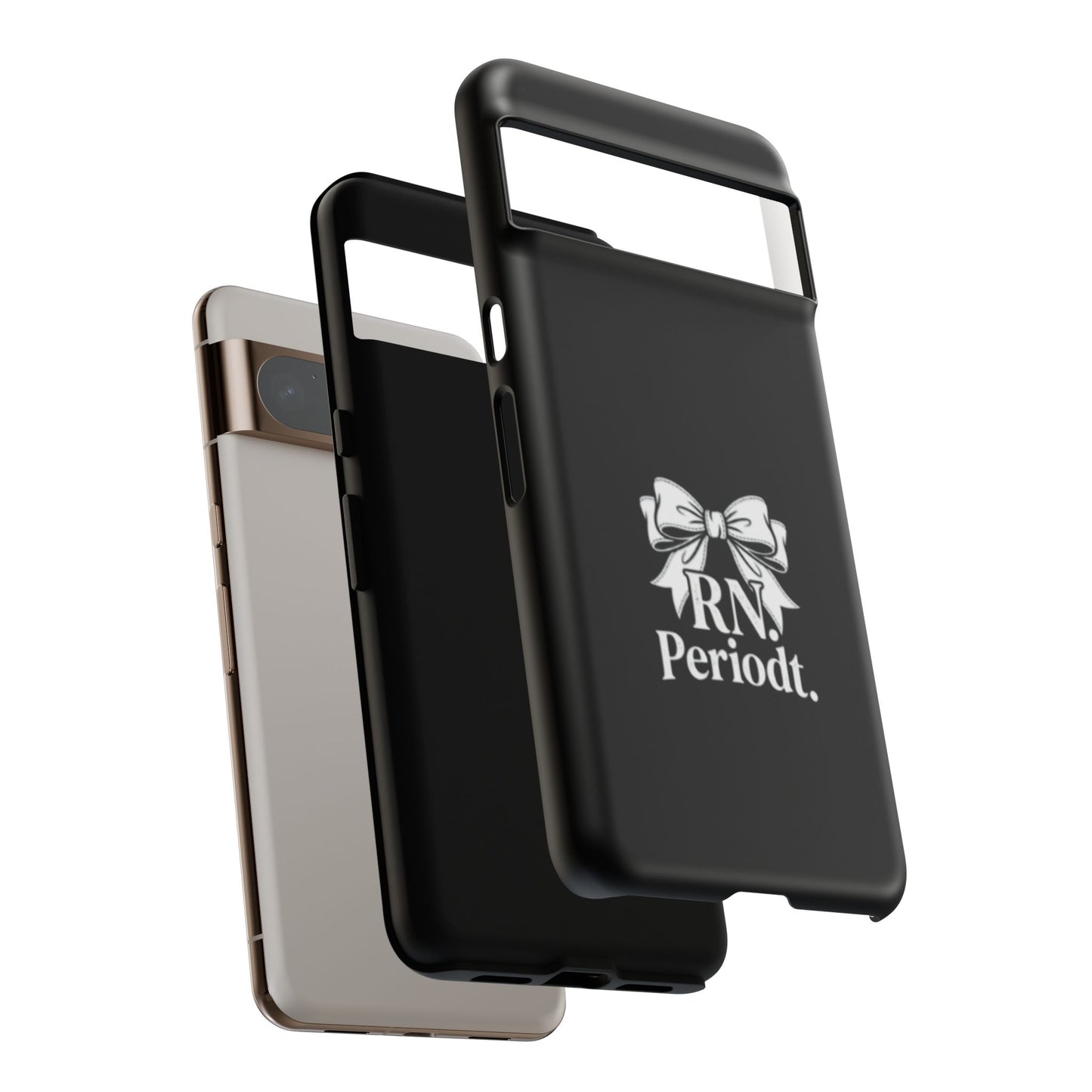 Front view of RN Phone Case with bold white bow print