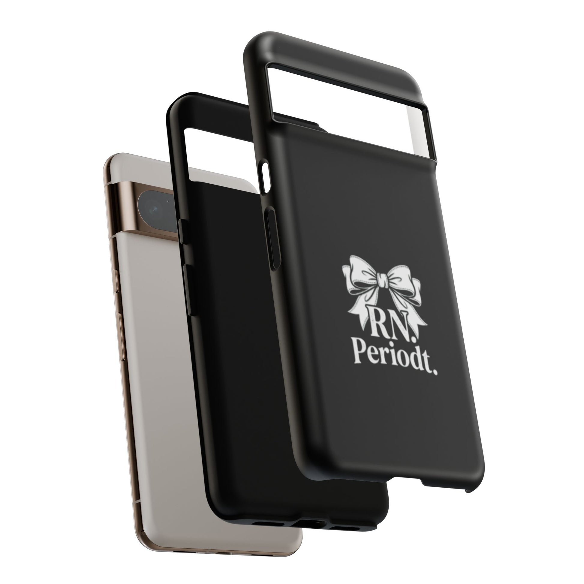 Front view of RN Phone Case with bold white bow print