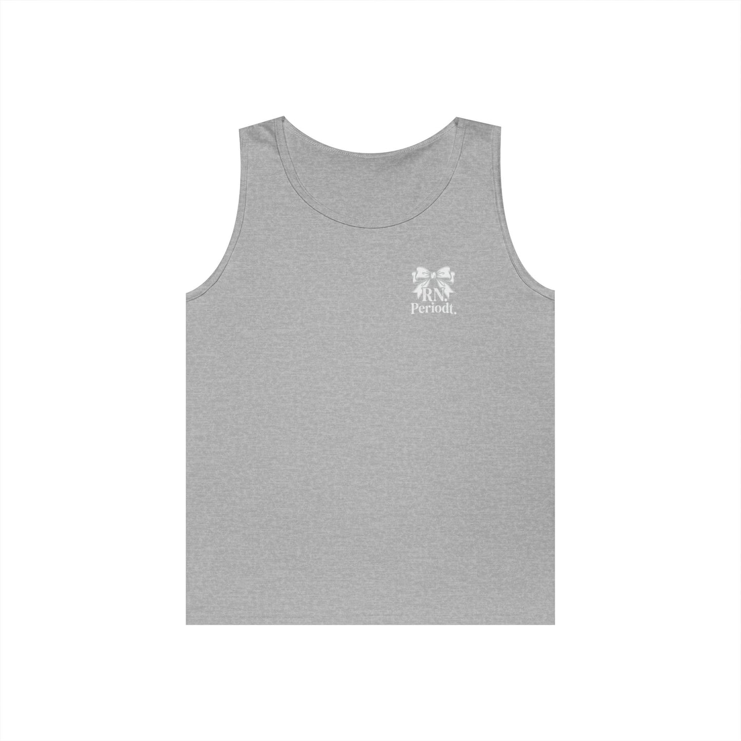 Bow Logo Tank Top worn layered under open shirt style
