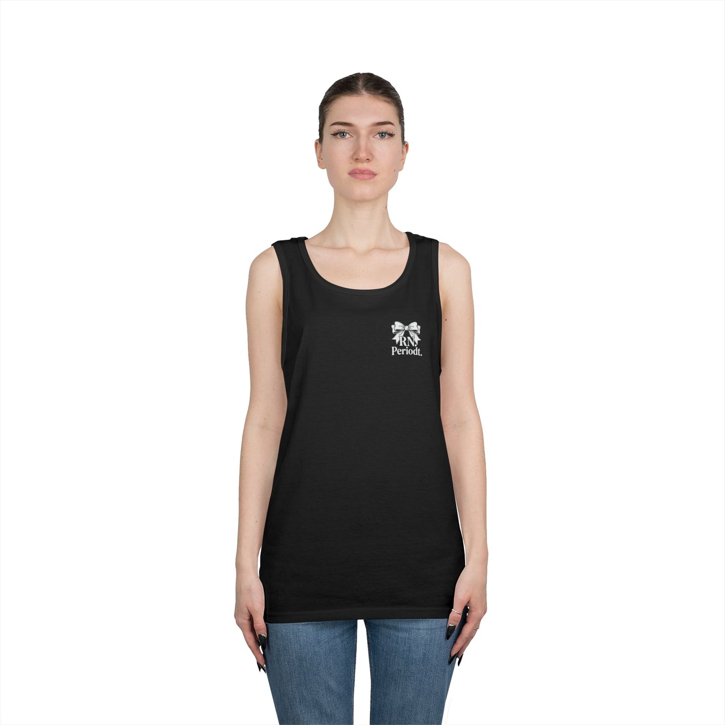 Bow Logo Tank Top worn layered under open shirt style