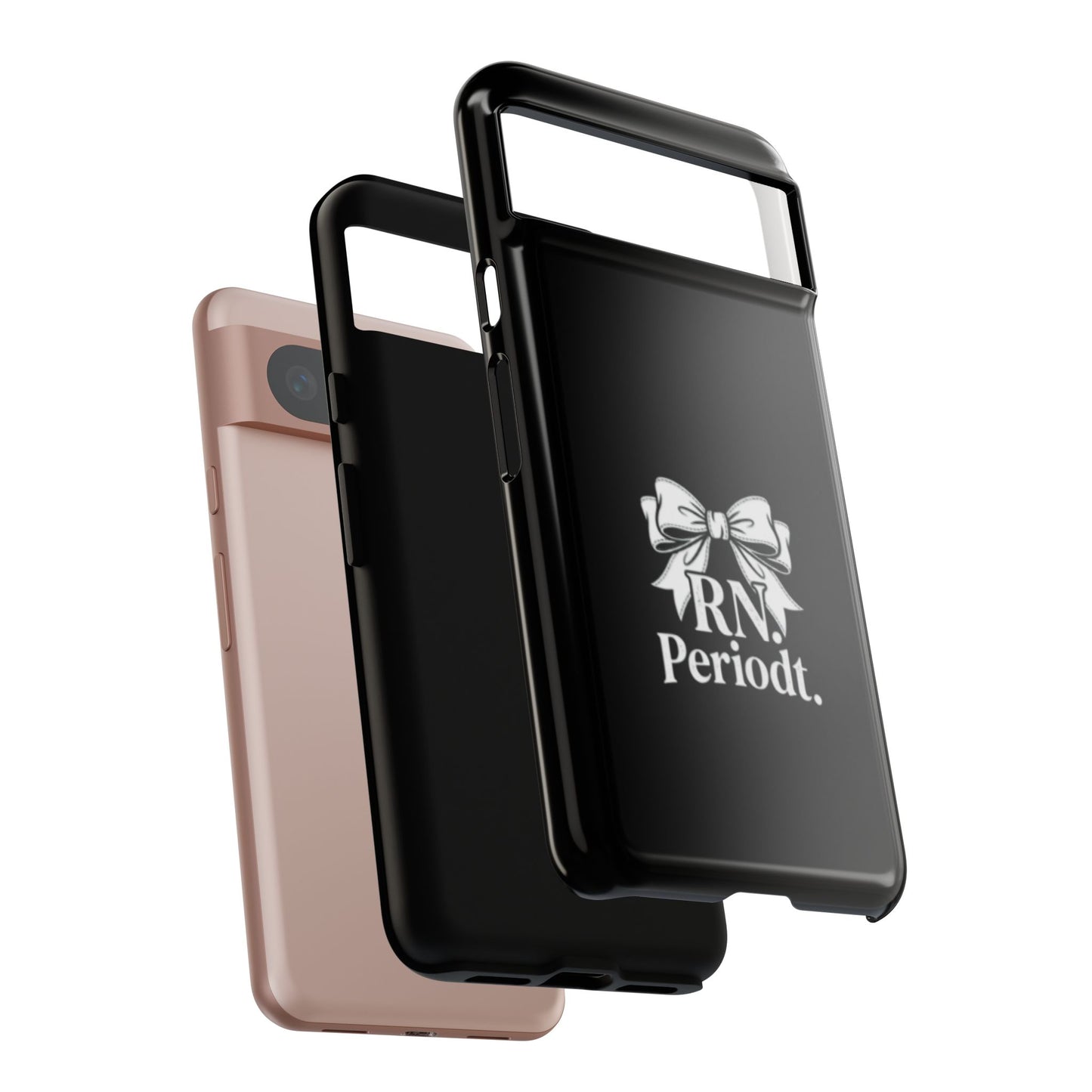 Front view of RN Phone Case with bold white bow print