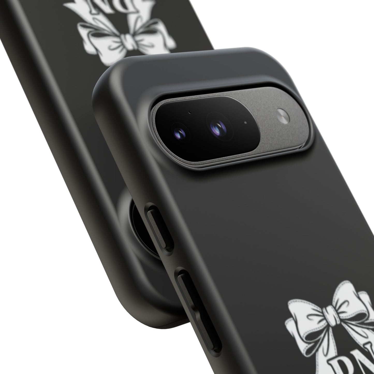 Front view of RN Phone Case with bold white bow print