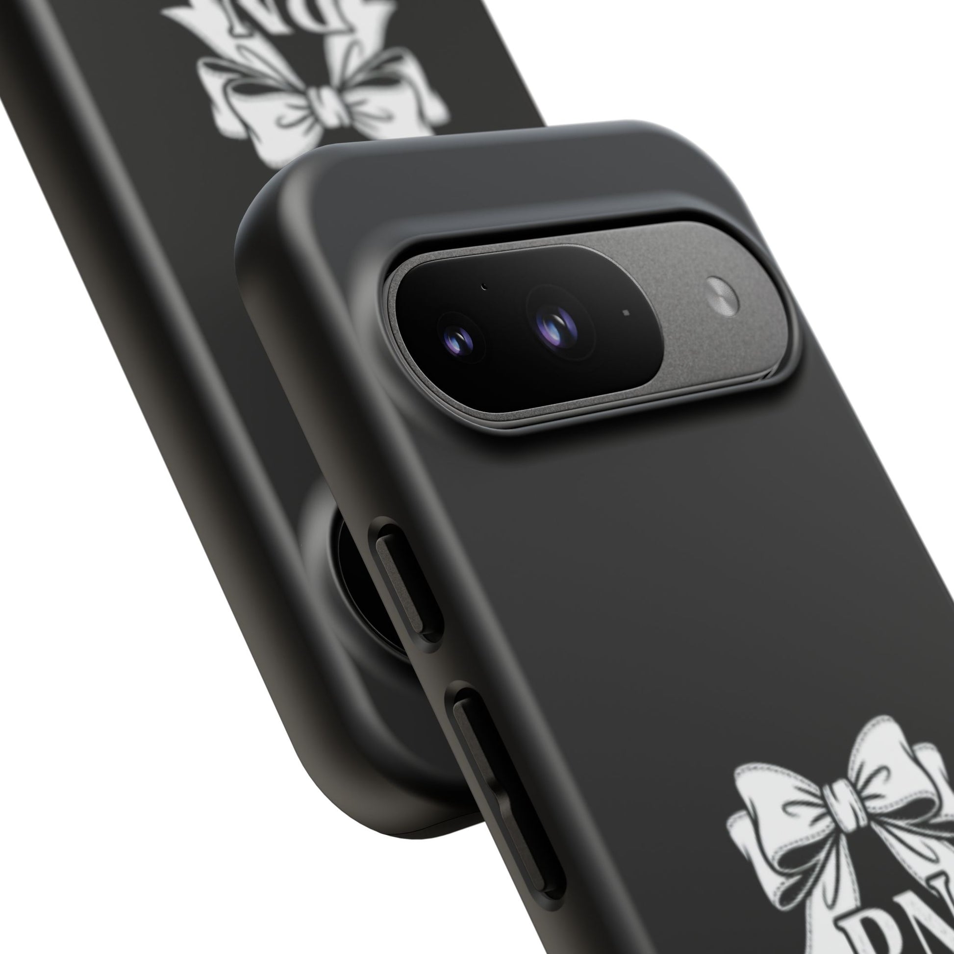 Front view of RN Phone Case with bold white bow print