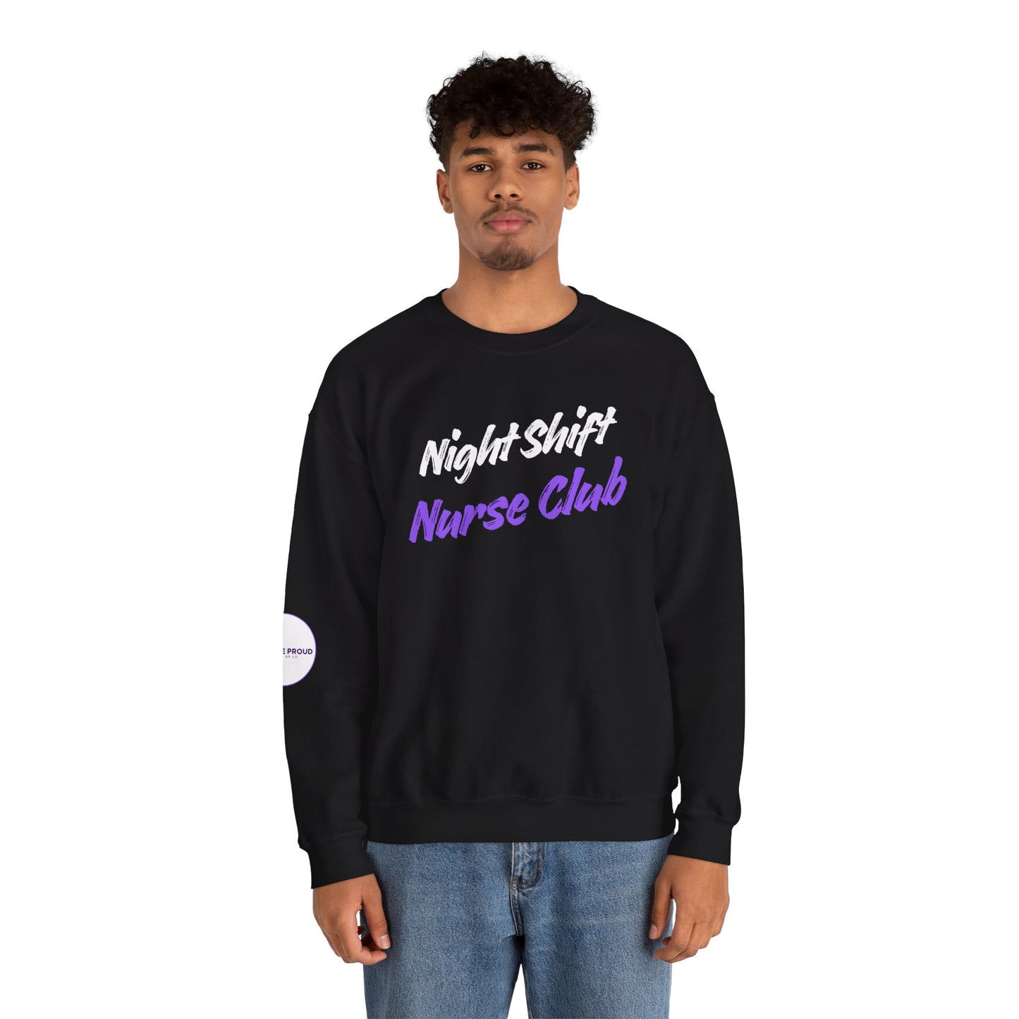 Night Shift Nurse Sweatshirt with embroidered purple lettering