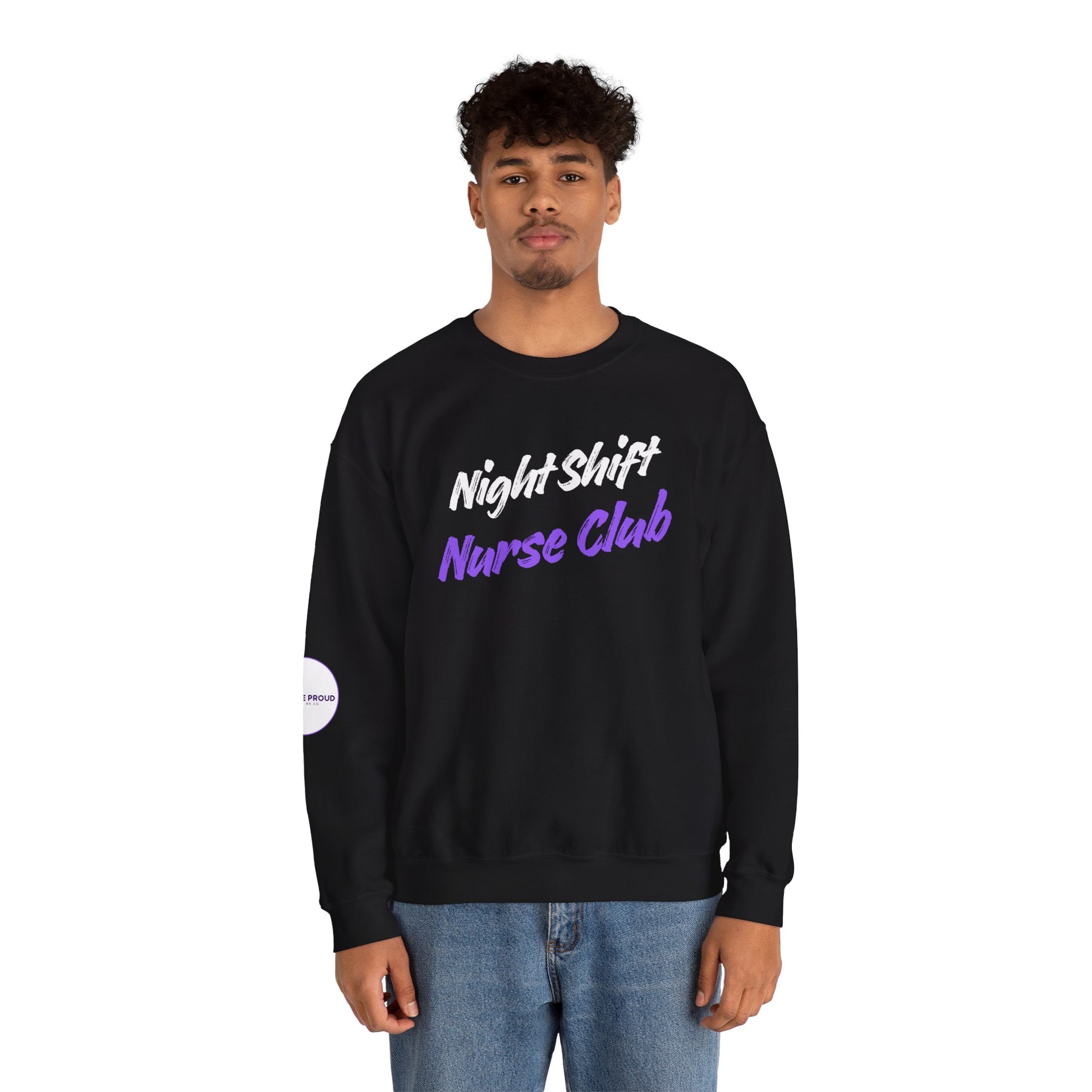 Night Shift Nurse Sweatshirt with embroidered purple lettering