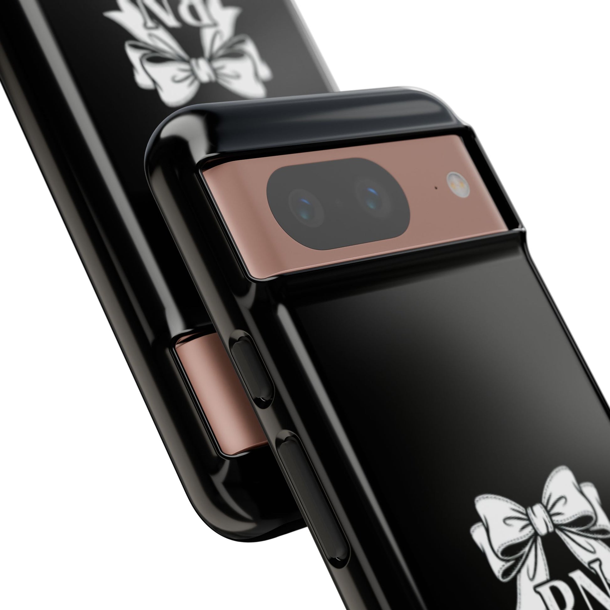 Front view of RN Phone Case with bold white bow print