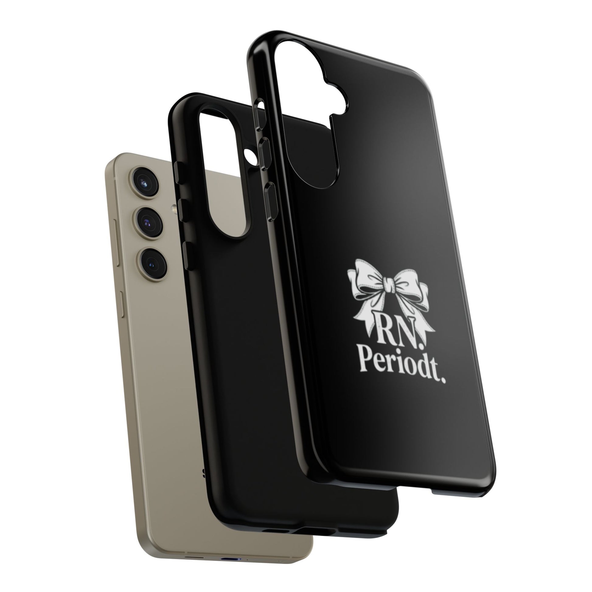 Front view of RN Phone Case with bold white bow print