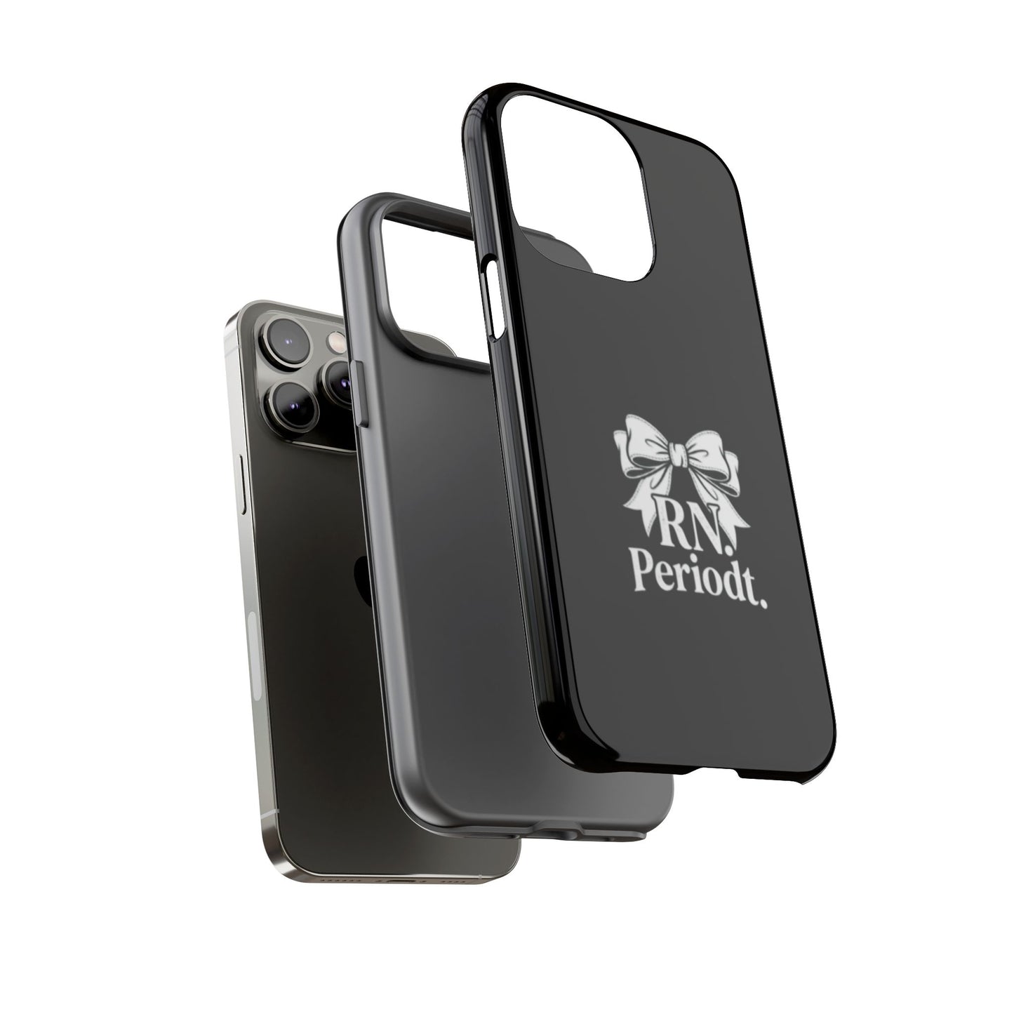 Front view of RN Phone Case with bold white bow print