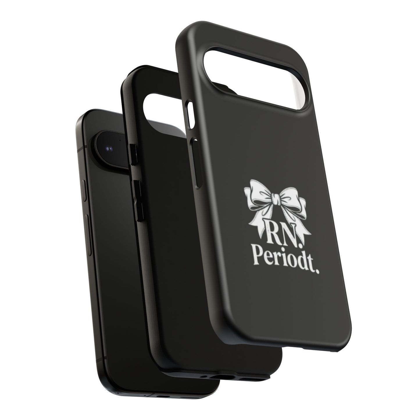Front view of RN Phone Case with bold white bow print