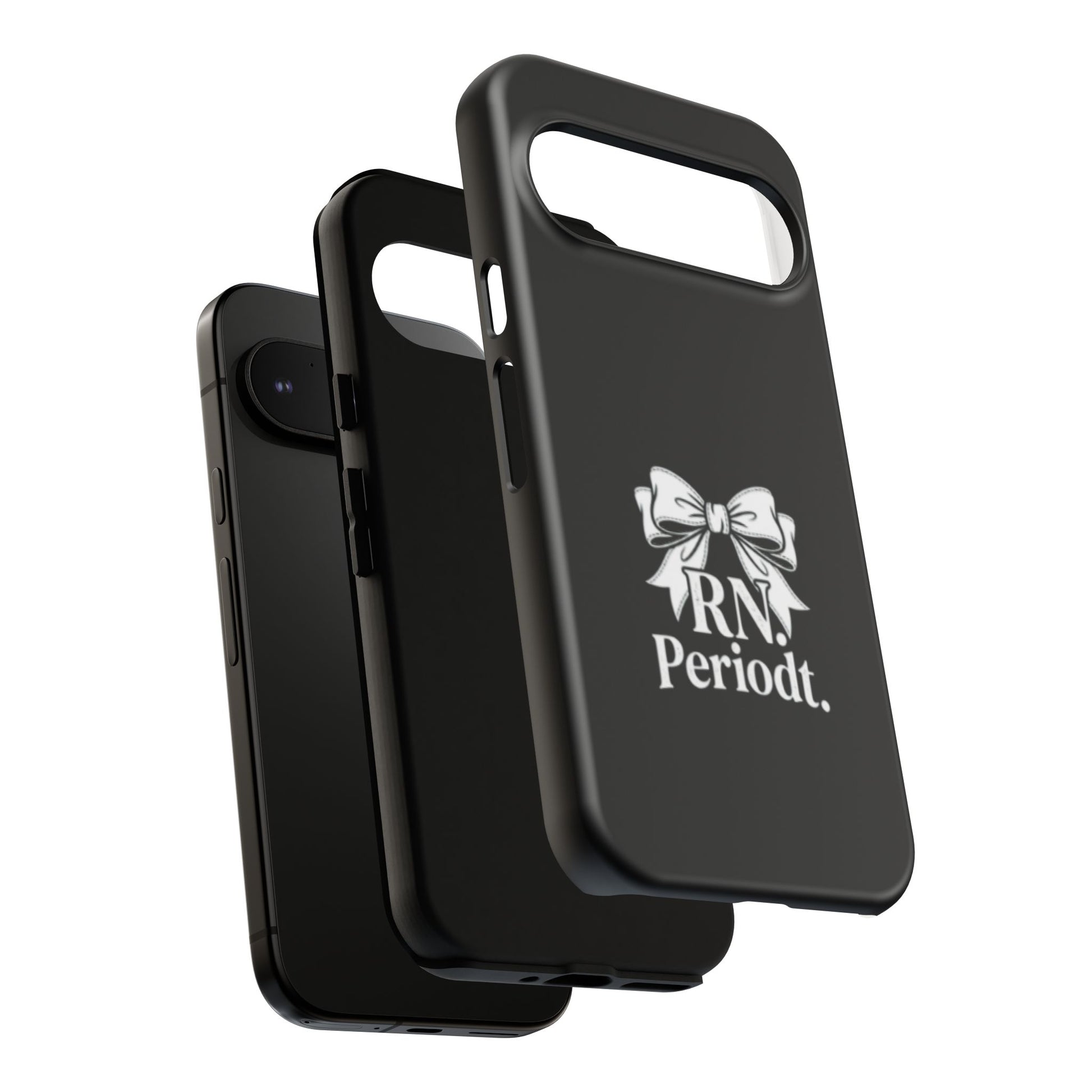 Front view of RN Phone Case with bold white bow print