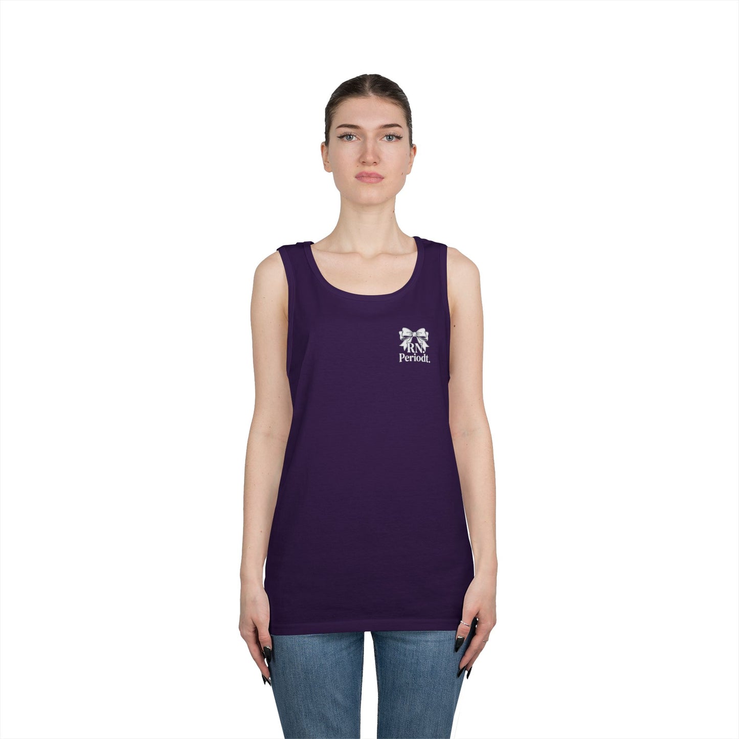 Bow Logo Tank Top worn layered under open shirt style