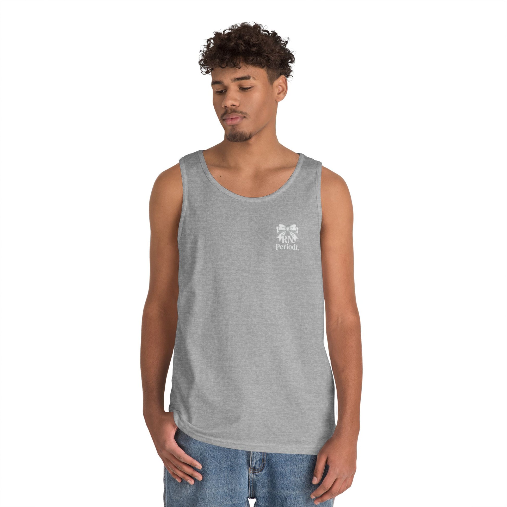 Bow Logo Tank Top worn layered under open shirt style