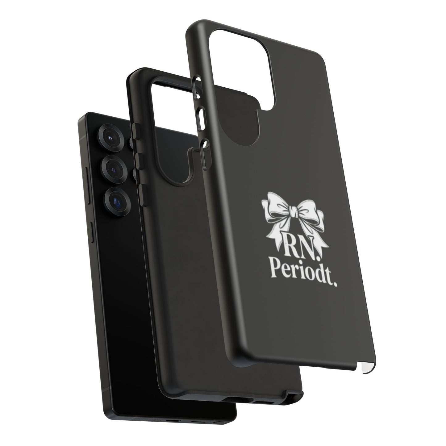 Front view of RN Phone Case with bold white bow print