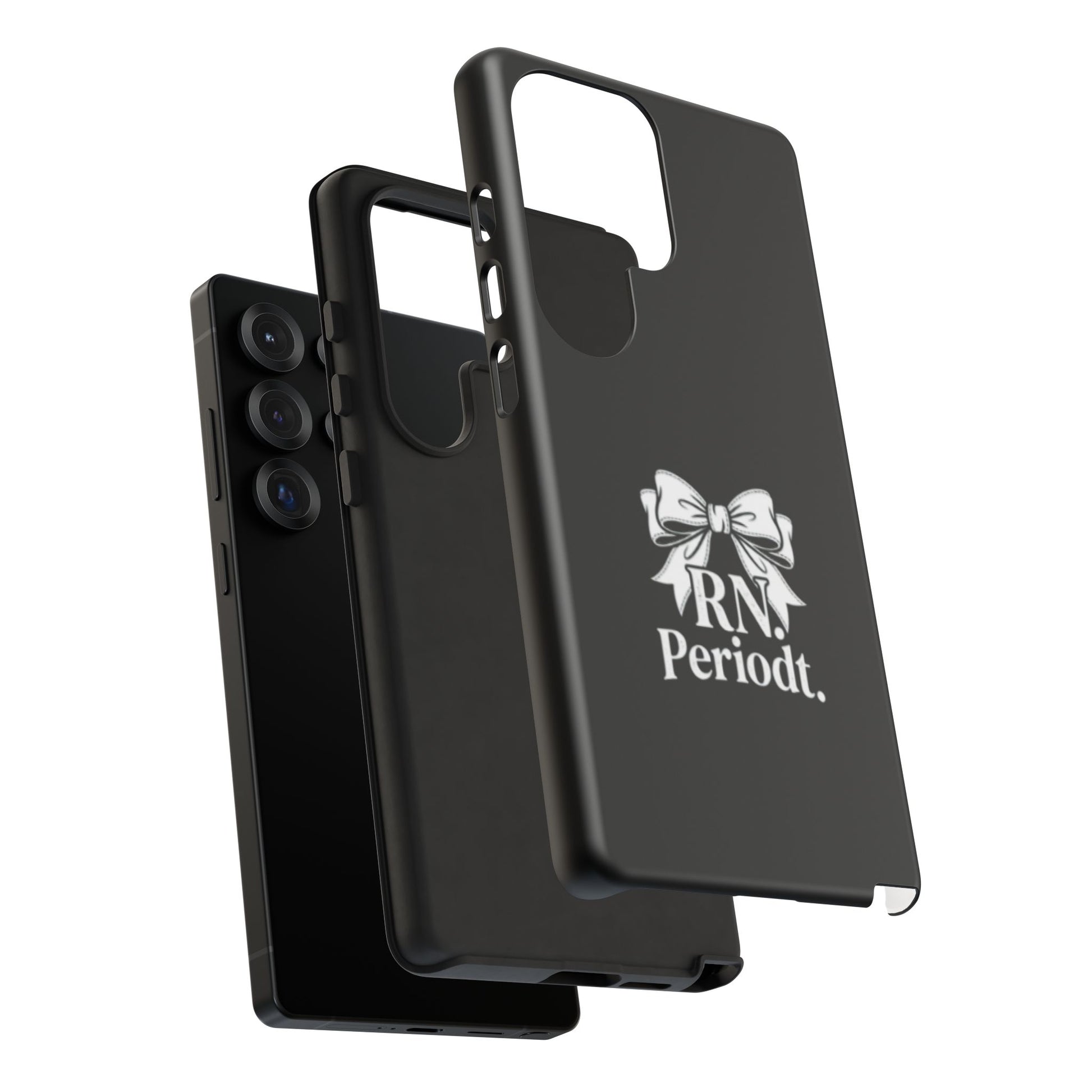 Front view of RN Phone Case with bold white bow print