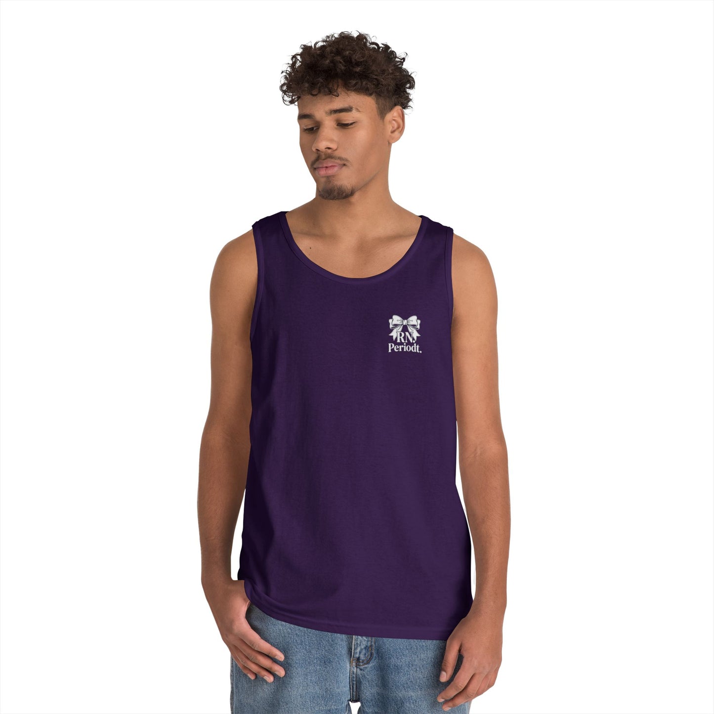 Bow Logo Tank Top worn layered under open shirt style