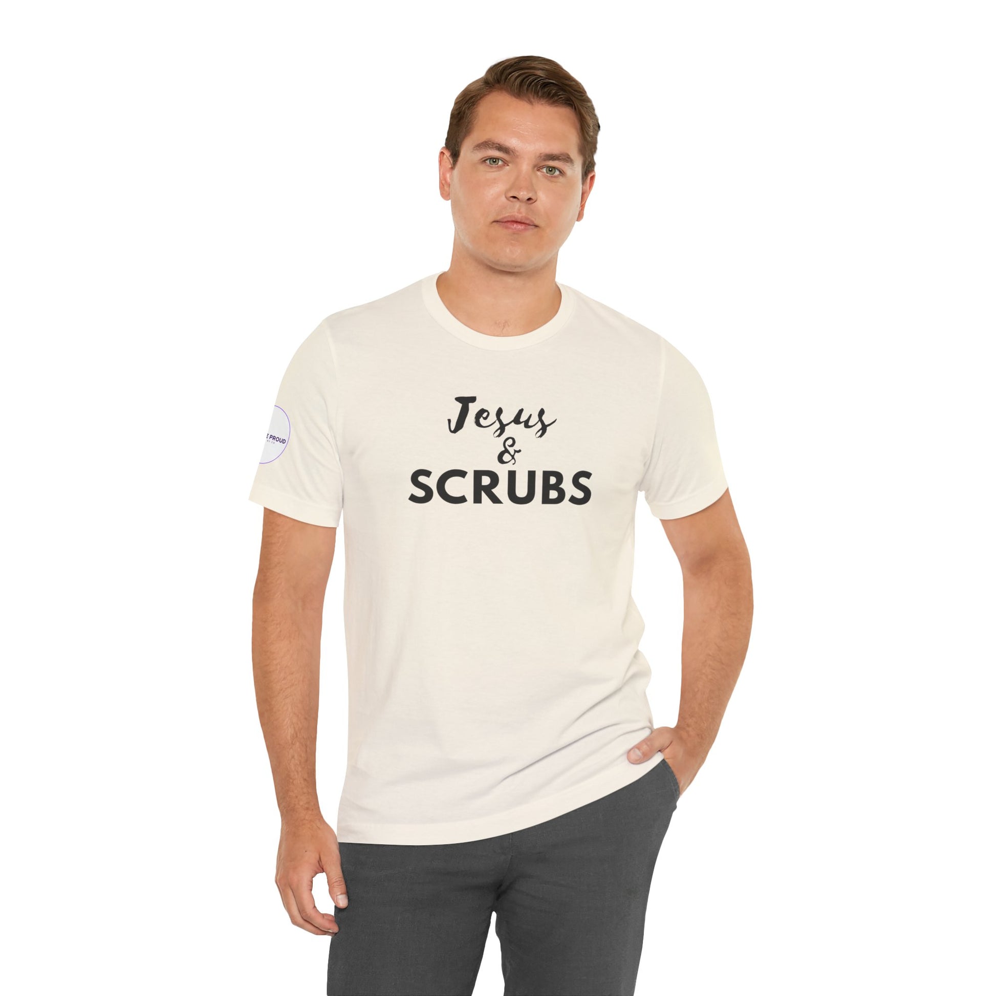 Jesus and Scrubs Nurse T-Shirt showing sleeve print detail