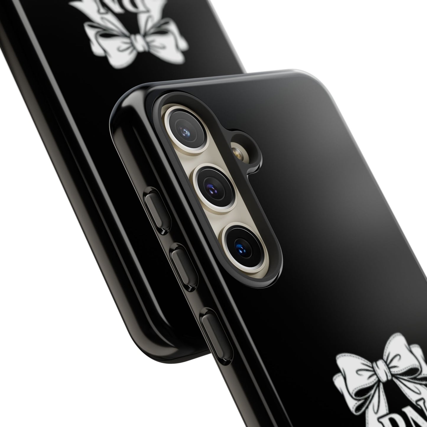 Front view of RN Phone Case with bold white bow print