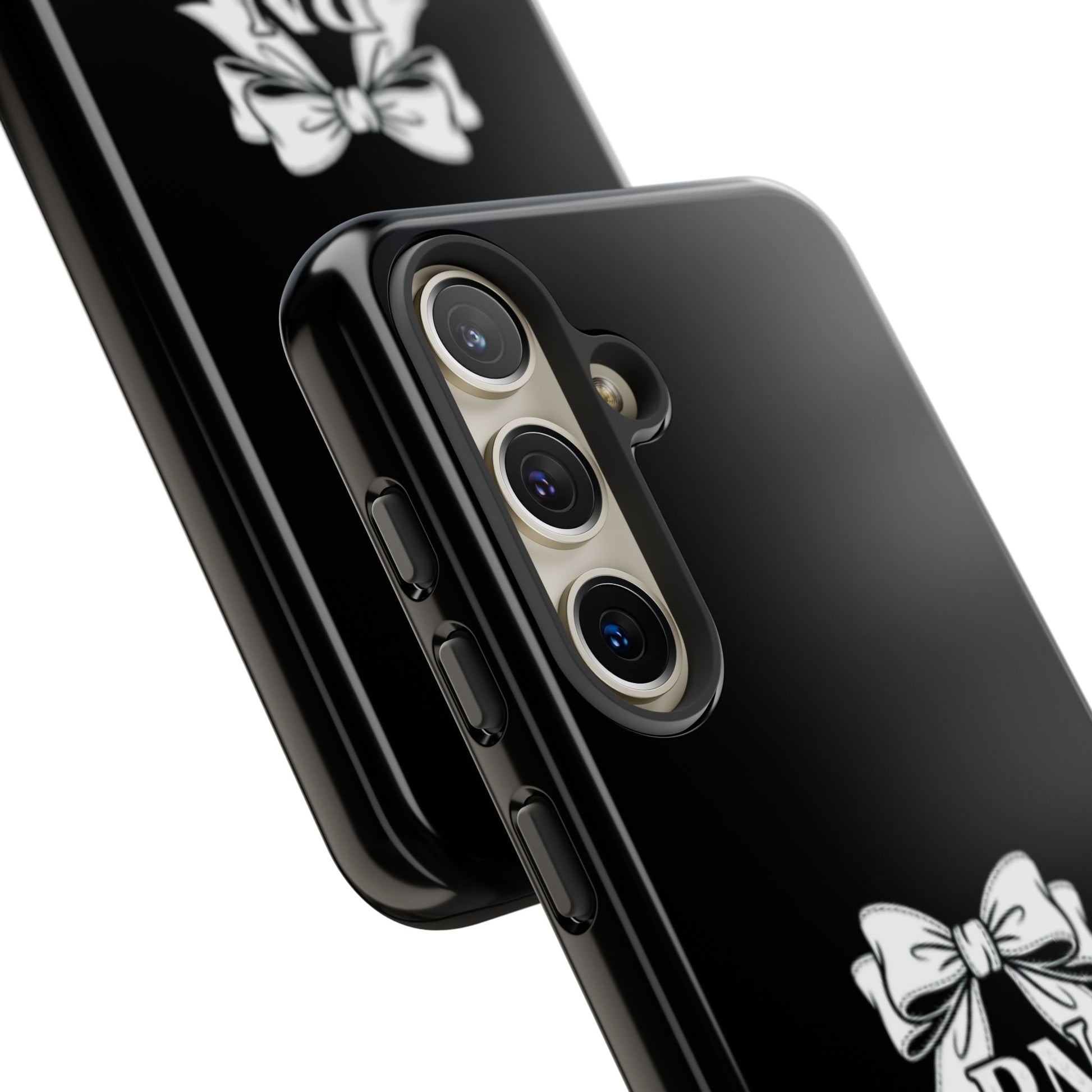 Front view of RN Phone Case with bold white bow print