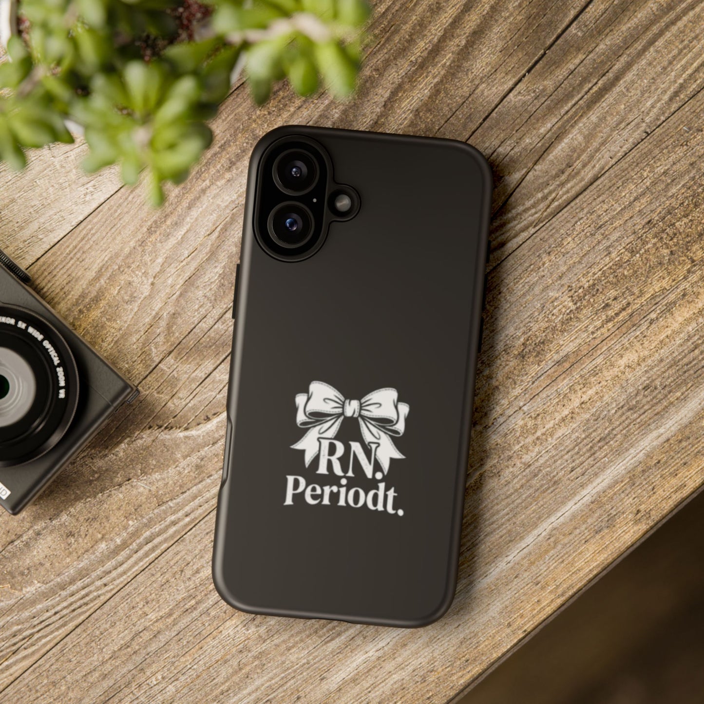 Front view of RN Phone Case with bold white bow print