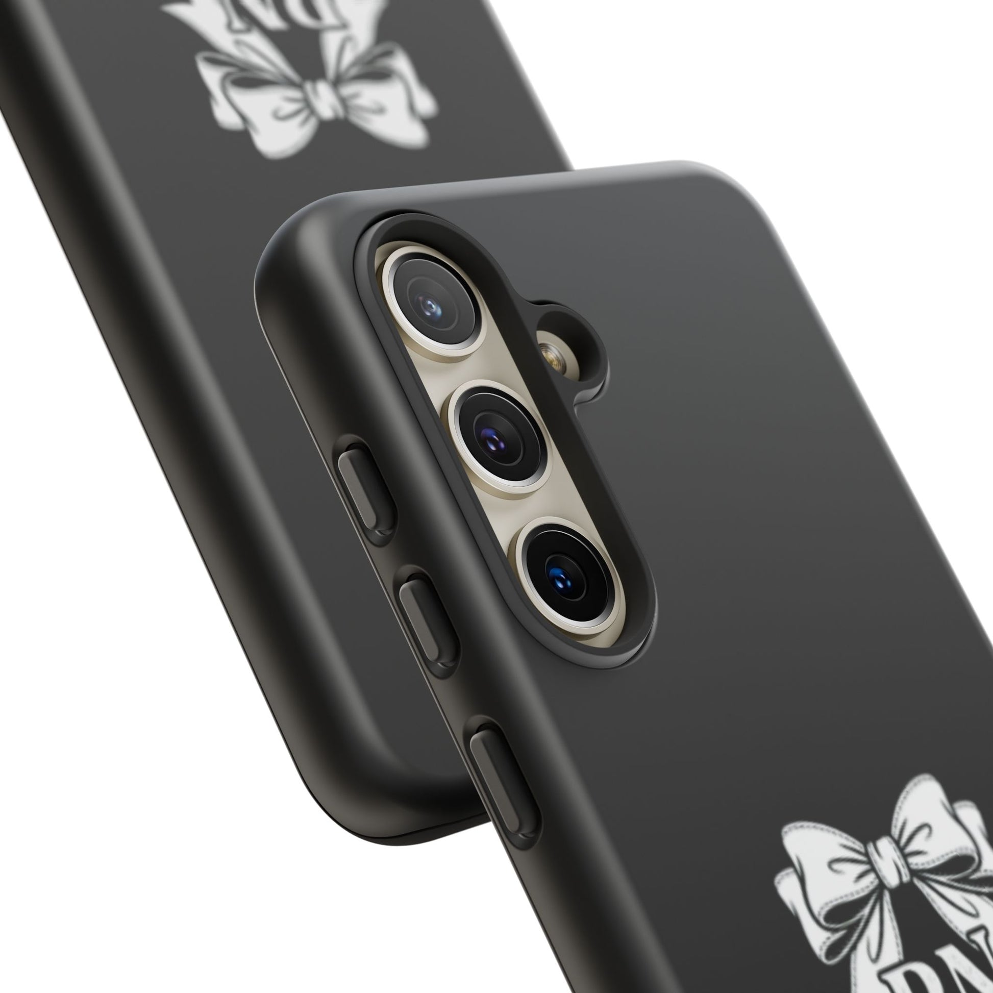 Front view of RN Phone Case with bold white bow print